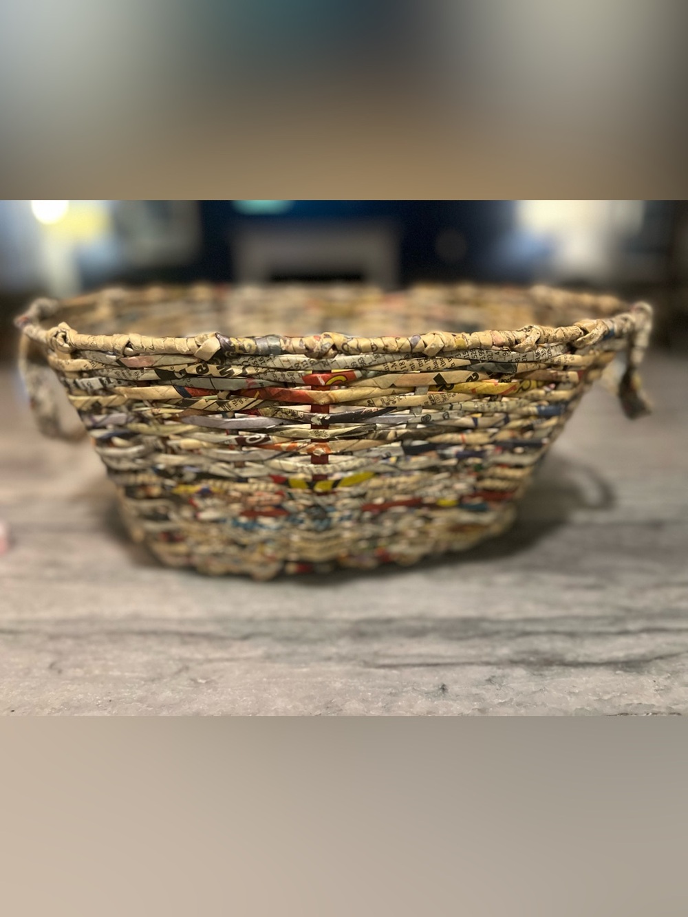 Vintage Handwoven Recycled Newspaper Basket with Handles -Boho Eco-Friendly